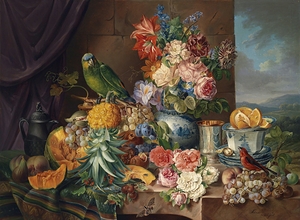 Stillleben mit Früchten Blumen und Papagei [Still Life with Fruits Flowers and Parrot] [1836] by Josef Schuster [1812–1890]